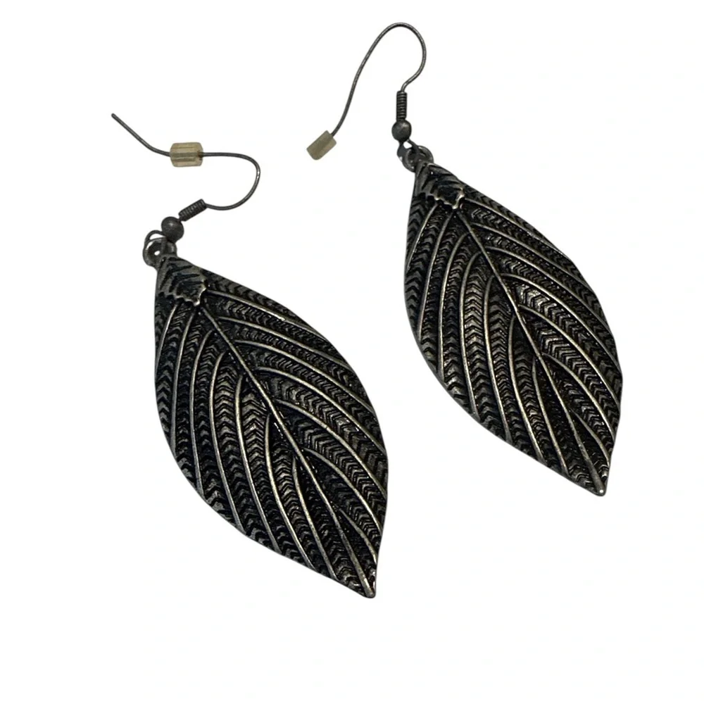 Silver Tone Leaf Dangle Earrings | Boho Nature Inspired - Picture 3 of 6